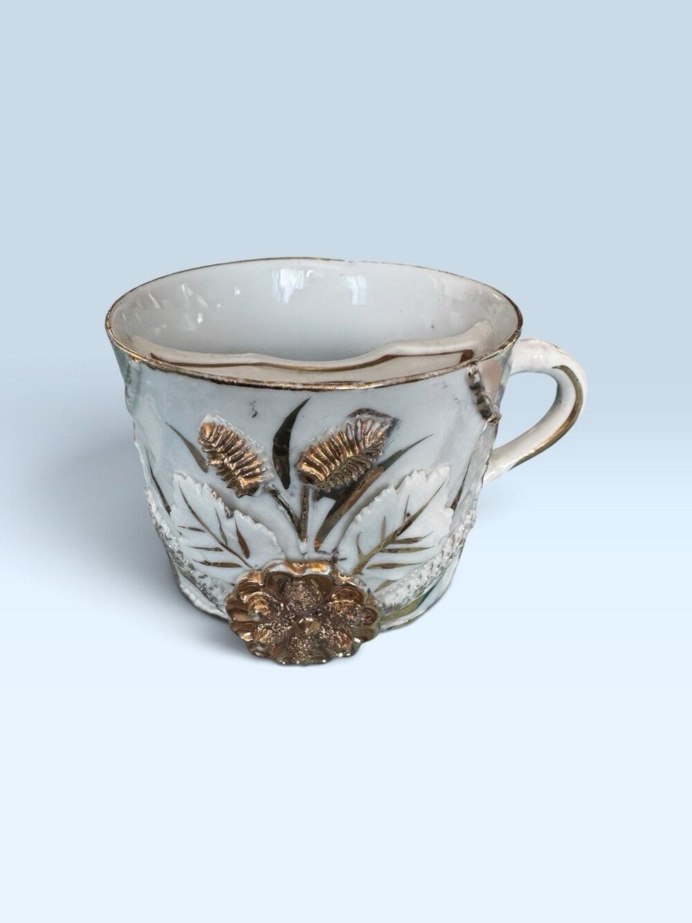 Antique Victorian German Porcelain Mustache Cup Teal Gold Raised Floral Unmarked